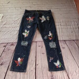 Olmos & Flore X LOB Artist Denim Blue Jeans Paint Artwear Distressed Crop Sz 30